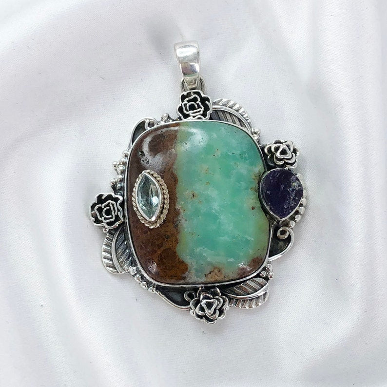 Natural Chrysoprase, Blue Topaz & Raw Amethyst Pendant By Harshita Jewellery