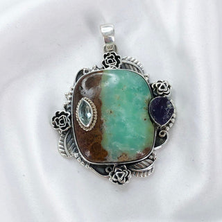 Natural Chrysoprase, Blue Topaz & Raw Amethyst Pendant By Harshita Jewellery