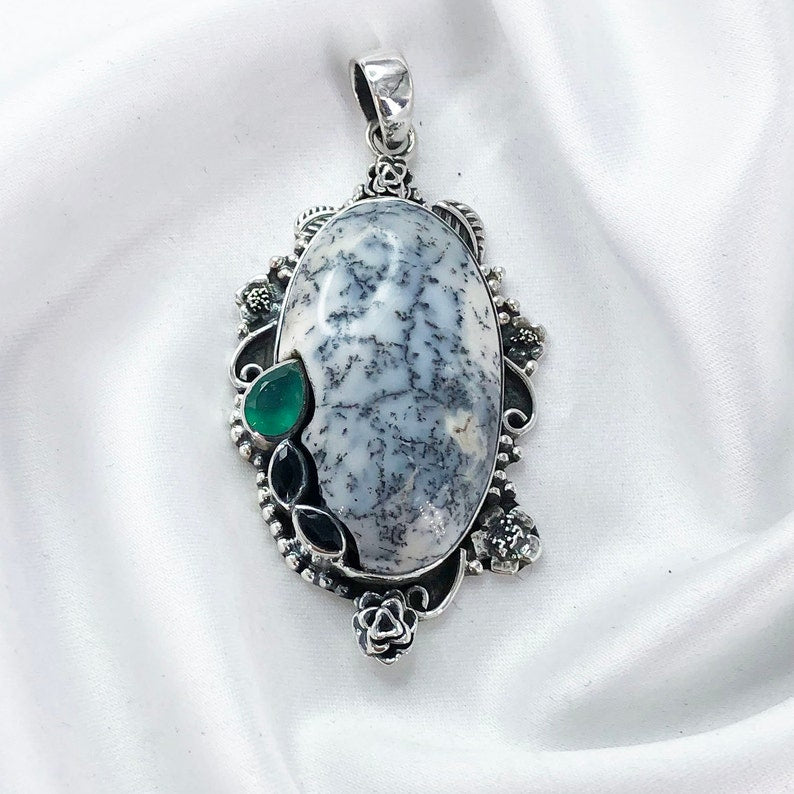 Natural Dendrite Opal, Black Onyx And Green Onyx Pendant By Harshita Jewellery