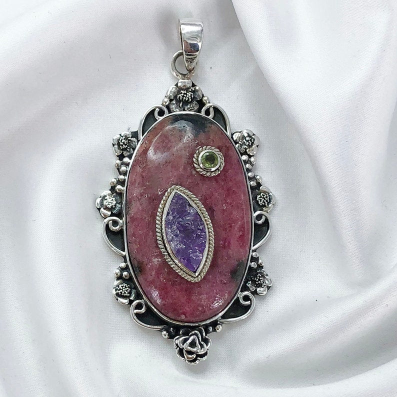 Natural Rhodonite, Peridot & Amethyst Pendant By Harshita Jewellery