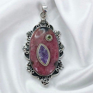 Natural Rhodonite, Peridot & Amethyst Pendant By Harshita Jewellery