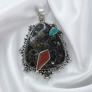 Natural Turtella Jasper, Carnelian, And Aquamarine Pendant By Harshita Jewellery