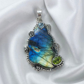 Fire Labradorite, Blue Topaz & Peridot Pendant By Harshita Jewellery