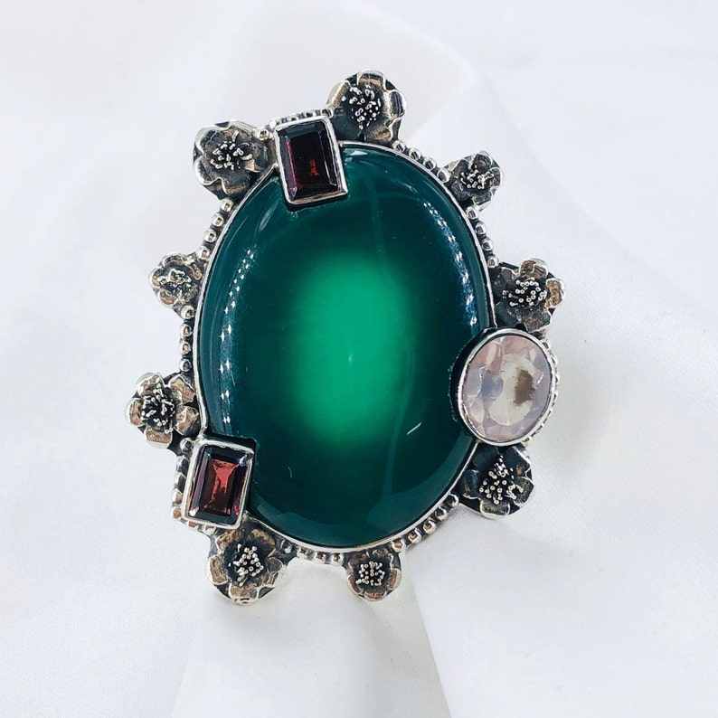 Green Onyx,Garnet & Topaz Gemstone Ring By Harshita Jewellery