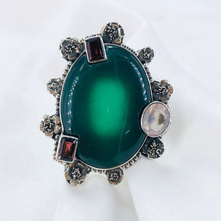 Green Onyx,Garnet & Topaz Gemstone Ring By Harshita Jewellery
