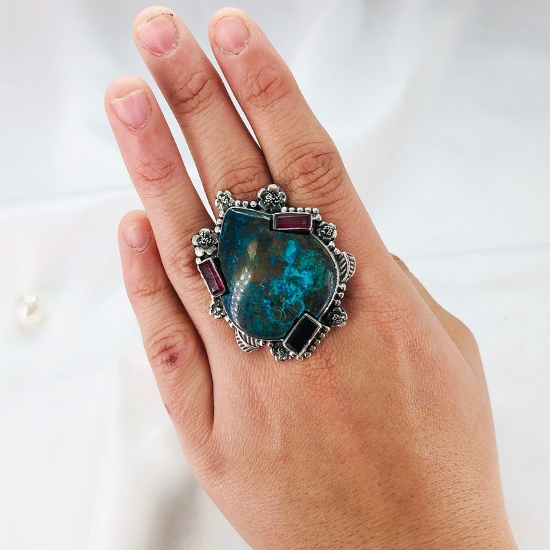 Natural Chrysocolla, Black Onyx & Ruby Ring By Harshita Jewellery