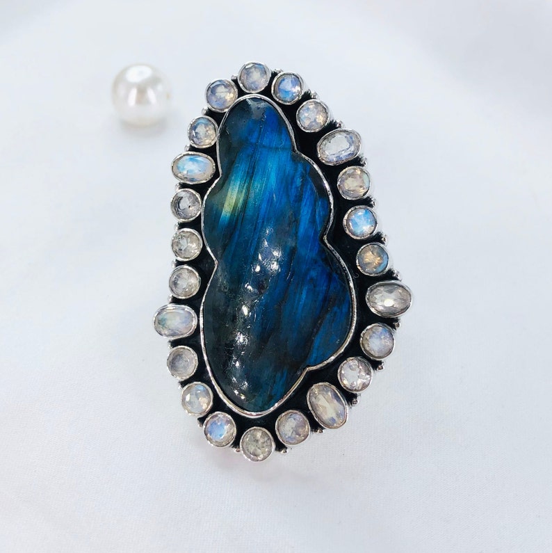 Rainbow Moonstone and Labradorite ring By Harshita Jewellery