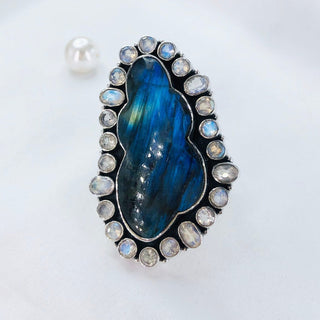 Rainbow Moonstone and Labradorite ring By Harshita Jewellery