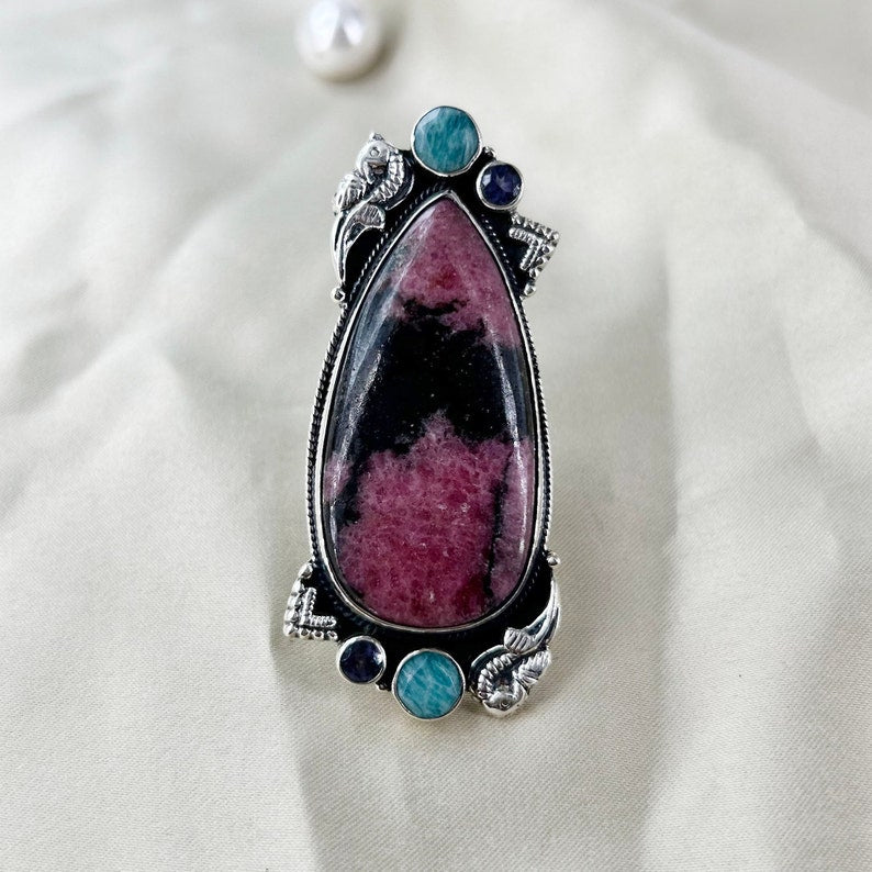 Natural Rhodonite, Amethyst & Amazonite Ring By Harshita Jewellery