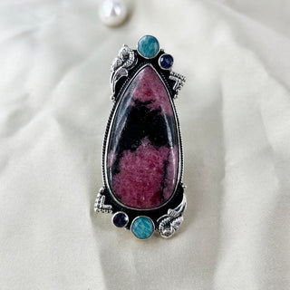 Natural Rhodonite, Amethyst & Amazonite Ring By Harshita Jewellery