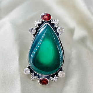 Natural Green Onyx, Garnet & Rose Quartz Ring By Harshita Jewellery