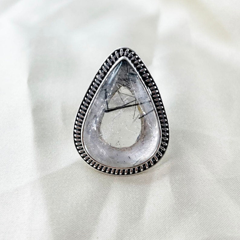 Natural Black Rutile Quartz Ring By Harshita Jewellery