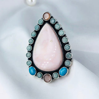 Natural Pink Opal, Amazonite, Peach Moonstone & Turquoise Ring By Harshita Jewellery