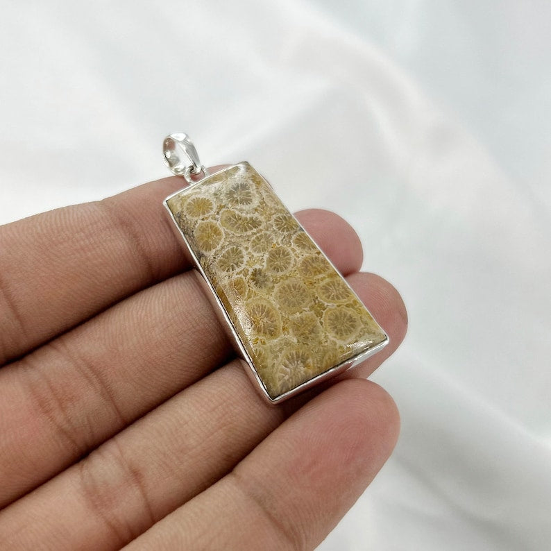 Natural Fossil Coral Gemstone Pendant By Harshita Jewellery