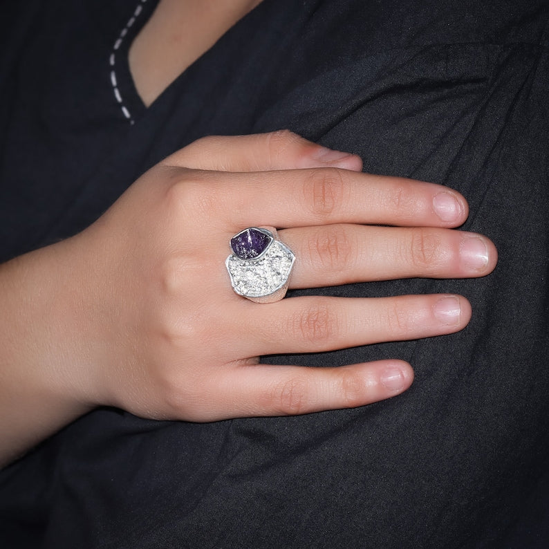 African Amethyst Raw Ring, Handmade Gemstone Jewelry, 925 Sterling Silver, Women's Statement Ring