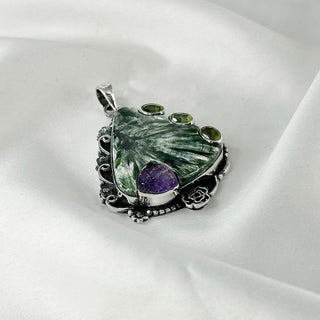 Natural Seraphinite, Amethyst & Peridot Pendant By Harshita Jewellery
