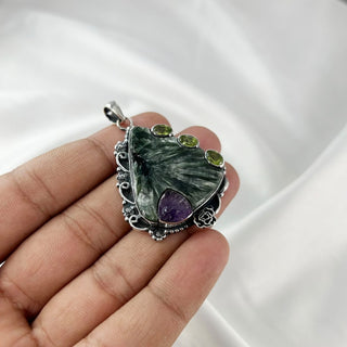 Natural Seraphinite, Amethyst & Peridot Pendant By Harshita Jewellery