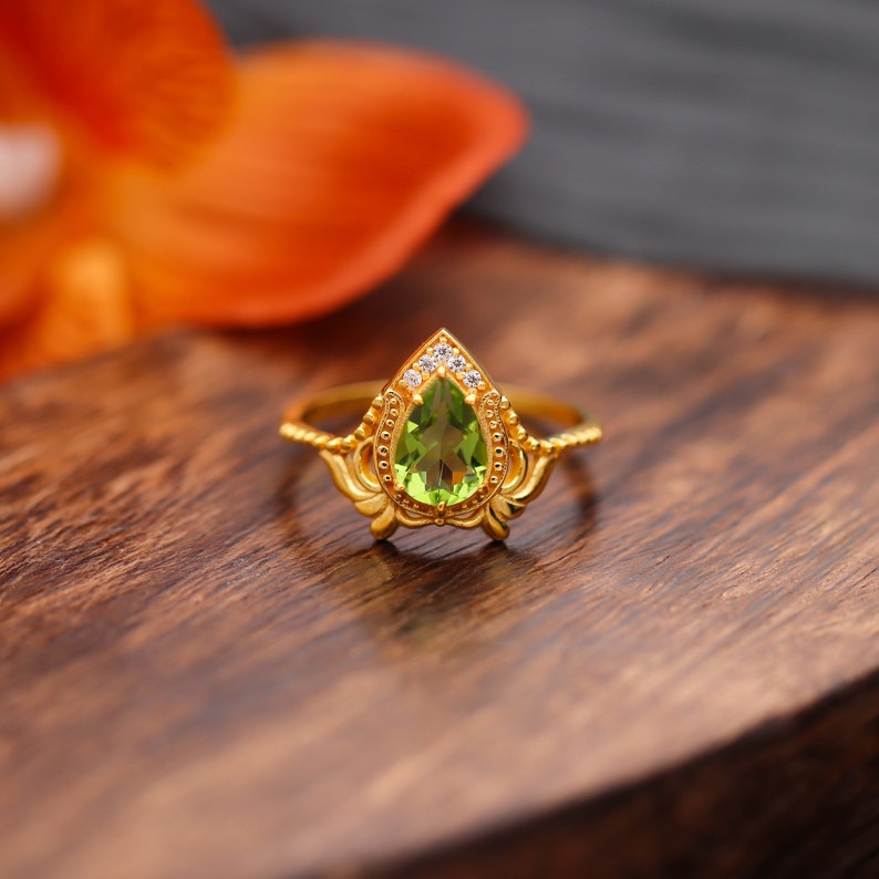 Green Peridot Gemstone Ring, Peridot 14k gold Plated Art Deco unique wedding Ring, promise Anniversary ring, Gift For Her