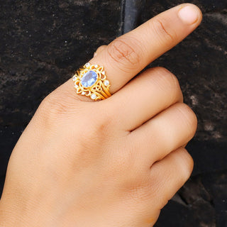 Tanzanite Gemstone Ring, Tanzanite & Moissanite 14k gold Plated Art Deco unique wedding Ring, promise Anniversary ring, Gift For Her