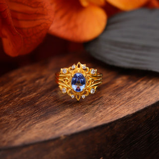 Tanzanite Gemstone Ring, Tanzanite & Moissanite 14k gold Plated Art Deco unique wedding Ring, promise Anniversary ring, Gift For Her