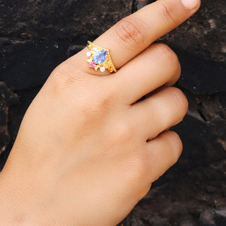 Tanzanite Gemstone Ring, Tanzanite & Moissanite 14k gold Plated Art Deco unique wedding Ring, promise Anniversary ring, Gift For Her