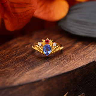 Tanzanite Gemstone Ring, Tanzanite & Moissanite 14k gold Plated Art Deco unique wedding Ring, promise Anniversary ring, Gift For Her