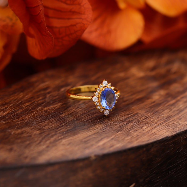 Tanzanite Gemstone Ring, Tanzanite & Moissanite 14k gold Plated Art Deco unique wedding Ring, promise Anniversary ring, Gift For Her