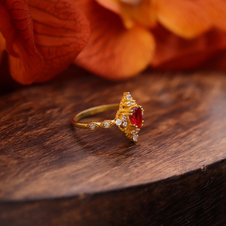 Red Garnet & Moissanite Ring 14k gold Plated Art Deco unique wedding Ring, promise Anniversary ring, Gift For Her