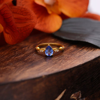 Tanzanite Gemstone Ring, Tanzanite & Moissanite 14k gold Plated Art Deco unique wedding Ring, promise Anniversary ring, Gift For Her