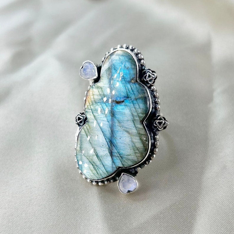 Labradorite & Moonstone Ring By Harshita Jewellery
