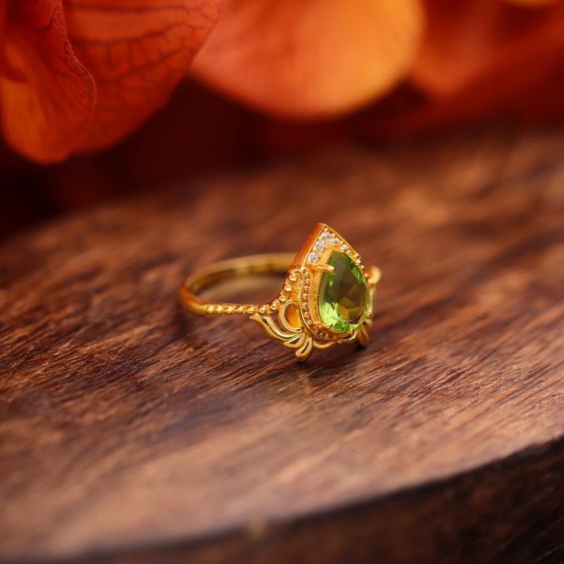 Green Peridot Gemstone Ring, Peridot 14k gold Plated Art Deco unique wedding Ring, promise Anniversary ring, Gift For Her