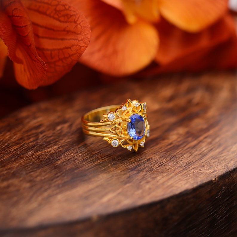 Tanzanite Gemstone Ring, Tanzanite & Moissanite 14k gold Plated Art Deco unique wedding Ring, promise Anniversary ring, Gift For Her