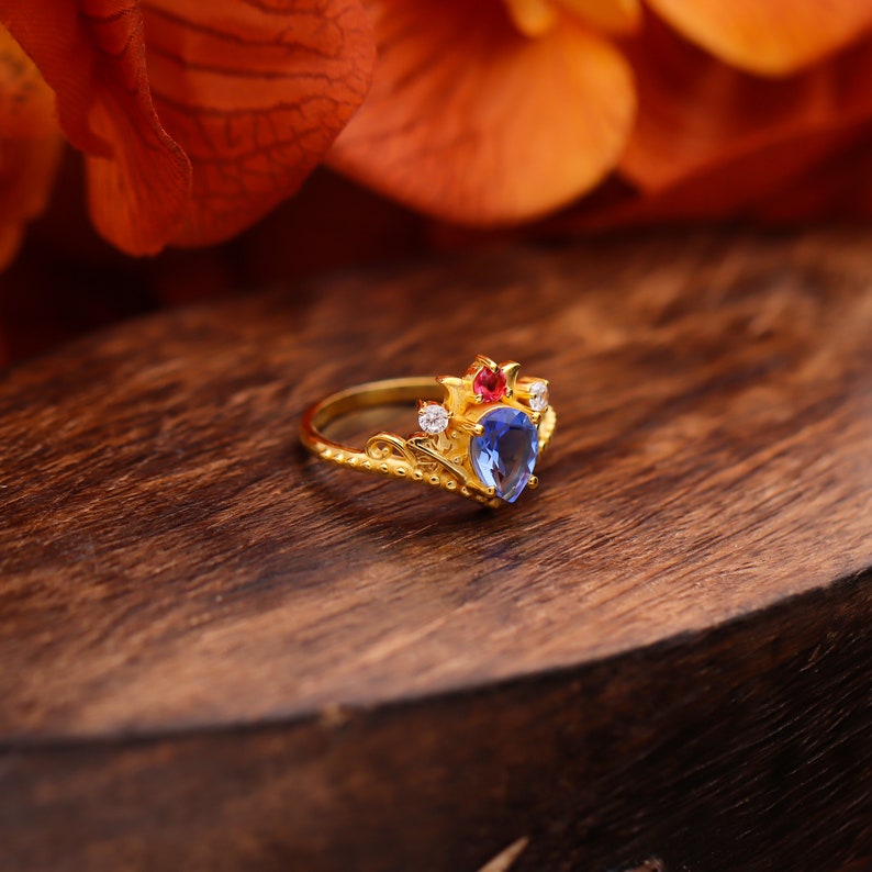 Tanzanite Gemstone Ring, Tanzanite & Moissanite 14k gold Plated Art Deco unique wedding Ring, promise Anniversary ring, Gift For Her