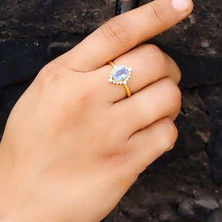 Tanzanite Gemstone Ring, Tanzanite & Moissanite 14k gold Plated Art Deco unique wedding Ring, promise Anniversary ring, Gift For Her