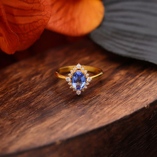 Tanzanite Gemstone Ring, Tanzanite & Moissanite 14k gold Plated Art Deco unique wedding Ring, promise Anniversary ring, Gift For Her