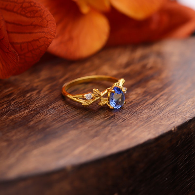 Tanzanite Gemstone Ring, Tanzanite & Moissanite 14k gold Plated Art Deco unique wedding Ring, promise Anniversary ring, Gift For Her
