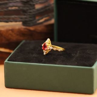Red Garnet & Moissanite Ring 14k gold Plated Art Deco unique wedding Ring, promise Anniversary ring, Gift For Her