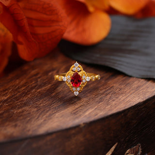 Red Garnet & Moissanite Ring 14k gold Plated Art Deco unique wedding Ring, promise Anniversary ring, Gift For Her
