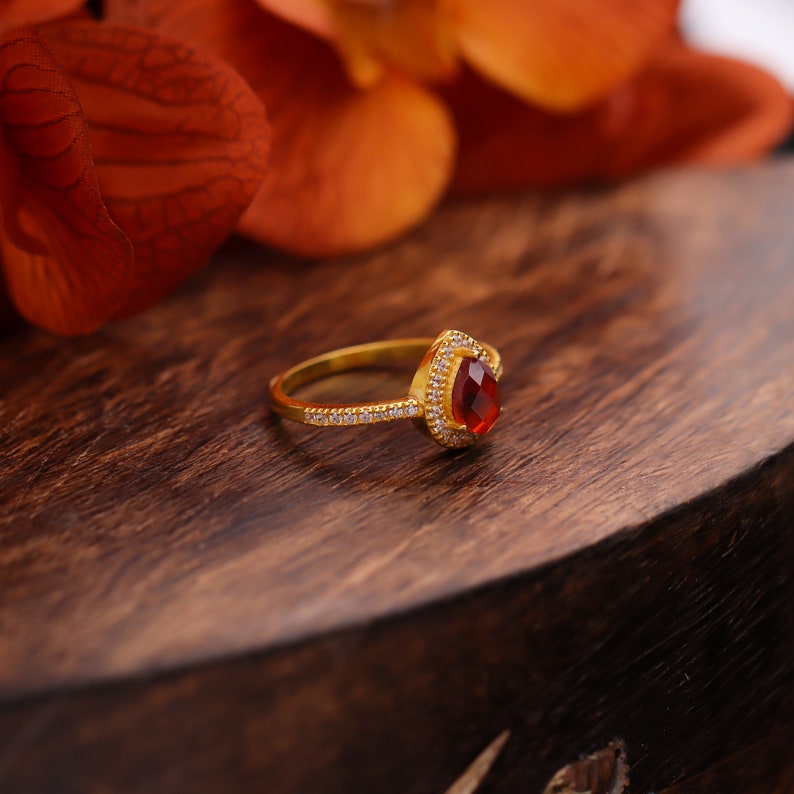 Red Garnet Ring & Mossianite 14k gold Plated Art Deco unique wedding Ring, promise Anniversary ring, Gift For Her