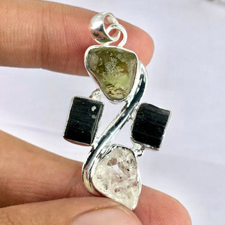 Moldavite Pendant, Black Tourmaline, Moldavite, Herkimer Diamond Pendant, Sterling Silver Pendant, Handmade Pendant, Natural Moldavite