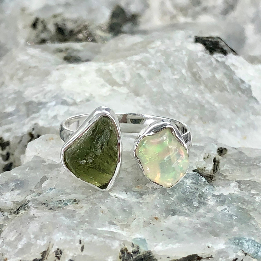 Czech Moldavite , Ethiopian opal Raw Natural Gemstone With Natural Garnet 925 Solid Sterling Silver Handmade Adjustable Ring