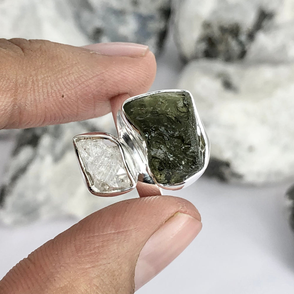 Authentic Czech Republic Moldavite Rough and Herkimer Diamond  Gemstone 925 Solid Sterling Silver Handmade Ring Jewelry