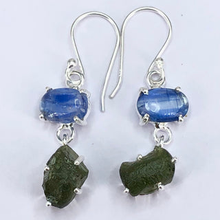 Natural Moldavite Rough Blue Kyanite oval Earrings Gemstone From Czech Republic 925 Solid Sterling Silver Handmade Designer Jewelry