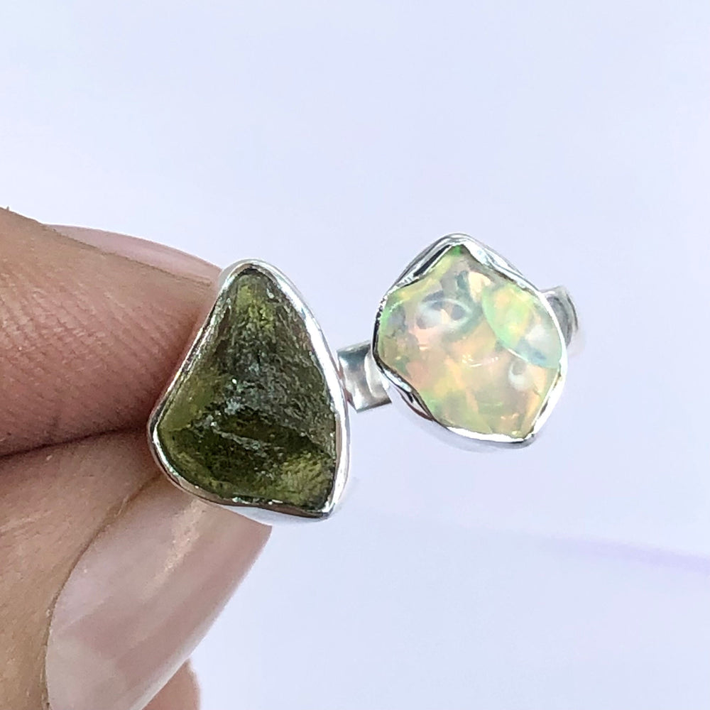 Czech Moldavite , Ethiopian opal Raw Natural Gemstone With Natural Garnet 925 Solid Sterling Silver Handmade Adjustable Ring