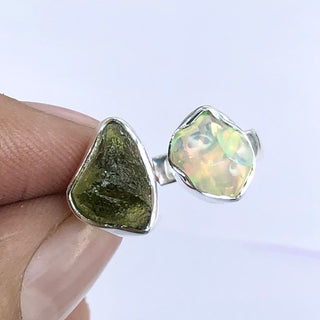 Czech Moldavite , Ethiopian opal Raw Natural Gemstone With Natural Garnet 925 Solid Sterling Silver Handmade Adjustable Ring