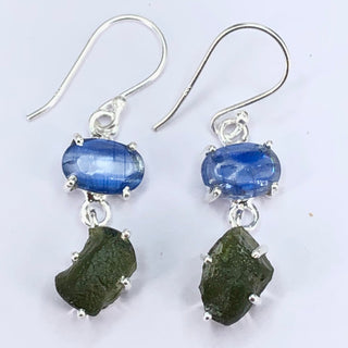Natural Moldavite Rough Blue Kyanite oval Earrings Gemstone From Czech Republic 925 Solid Sterling Silver Handmade Designer Jewelry