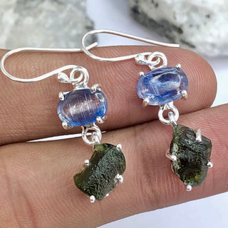Natural Moldavite Rough Blue Kyanite oval Earrings Gemstone From Czech Republic 925 Solid Sterling Silver Handmade Designer Jewelry