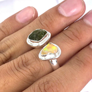Czech Moldavite , Ethiopian opal Raw Natural Gemstone With Natural Garnet 925 Solid Sterling Silver Handmade Adjustable Ring