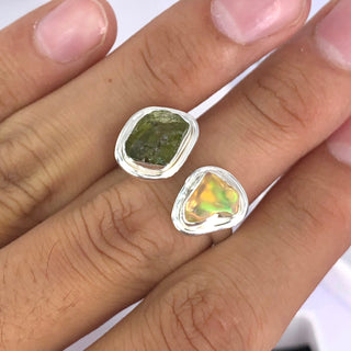 Czech Moldavite , Ethiopian opal Raw Natural Gemstone With Natural Garnet 925 Solid Sterling Silver Handmade Adjustable Ring