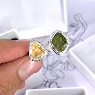 Czech Moldavite , Ethiopian opal Raw Natural Gemstone With Natural Garnet 925 Solid Sterling Silver Handmade Adjustable Ring